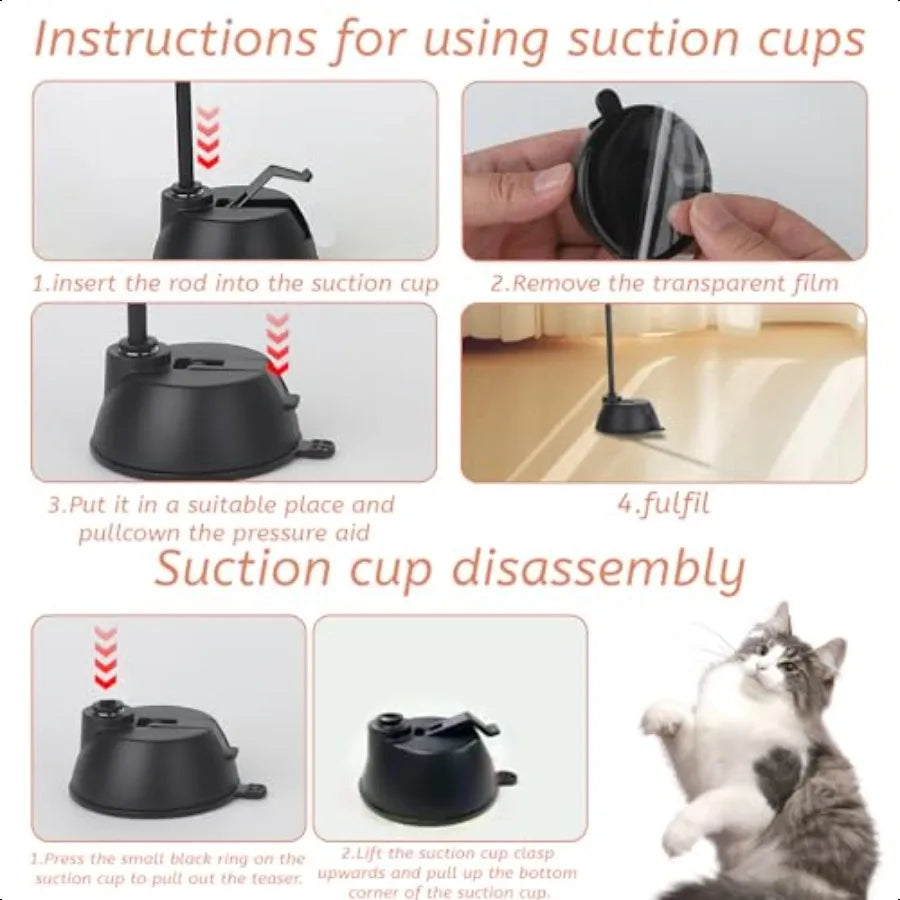 Suction Cup Cat ToysInteractive Cat Wand with 15Pcs Feather Mouse Butterfly Worm Durable Cats Fishing Pole Toy for Indoor Kitte