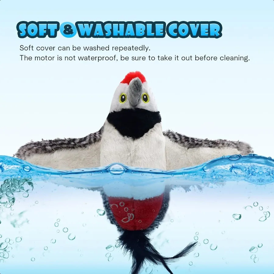 Cat Toys Flapping Wings Woodpecker No Flying Chirping Bird Interactive Catnip Toy for Kitten or Small Dogs Touch Activated Rech