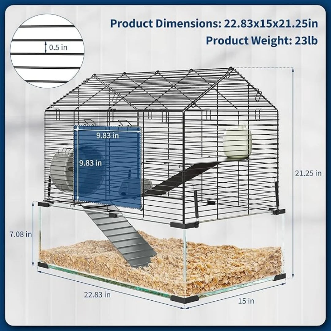 3 Tiers Large Hamster Enclosure, Metal Enclosure + Glass Gerbil Cages, Small Animal Cages for Guinea Pigs Chinchilla Rodent