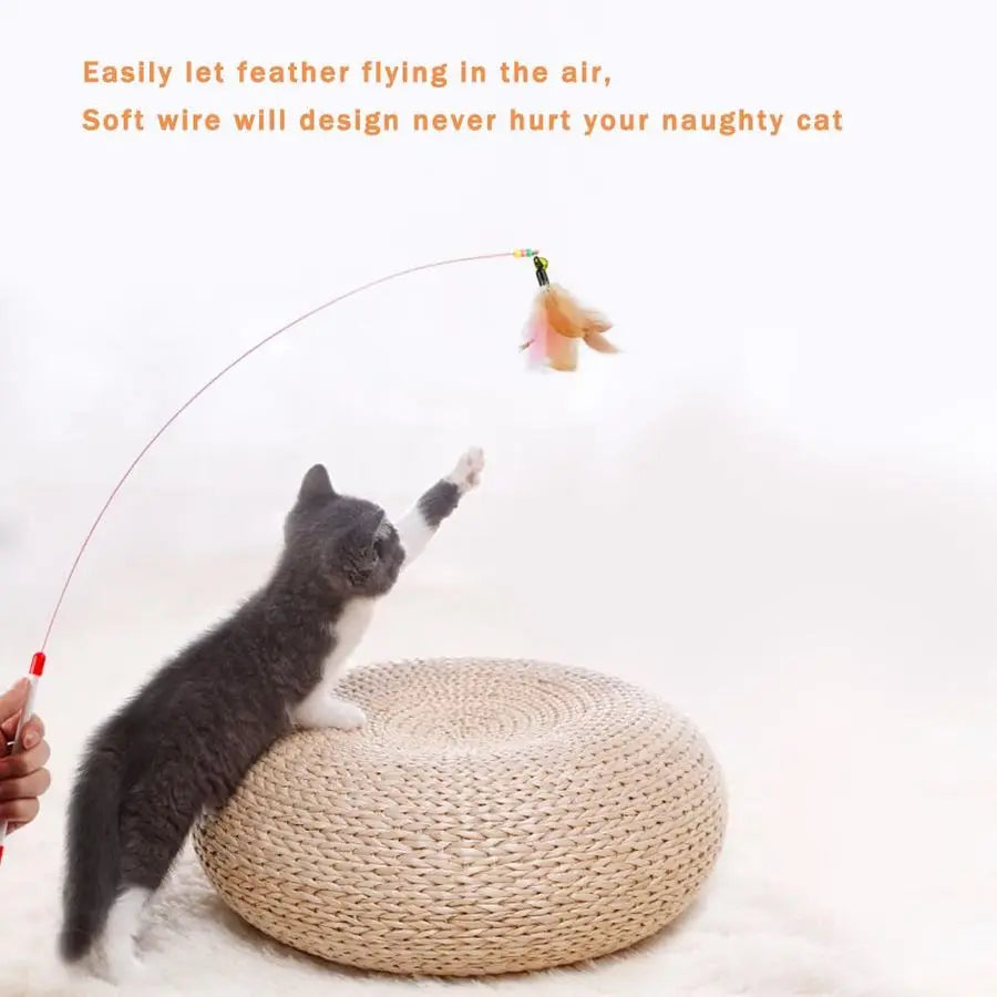 Pack Cat Feather Toy Wand, Interactive Pet Kitten Chaser Teaser Wire Wand with Bell Beads for Cat Exercise Play Fun Gifts Whole