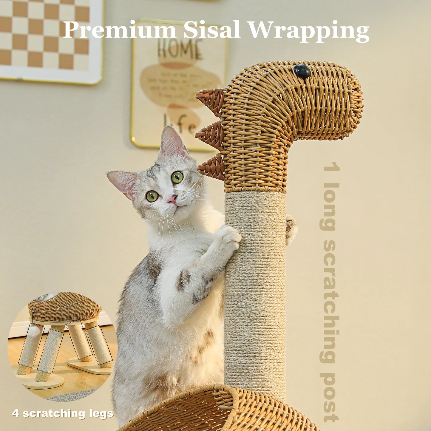 Whimsical Dinosaur Cat Tree Solid Tower with Pillow-Soft Plush Cushion,Removable Mat,Scratching Post, Generous Rattan Nest,116cm