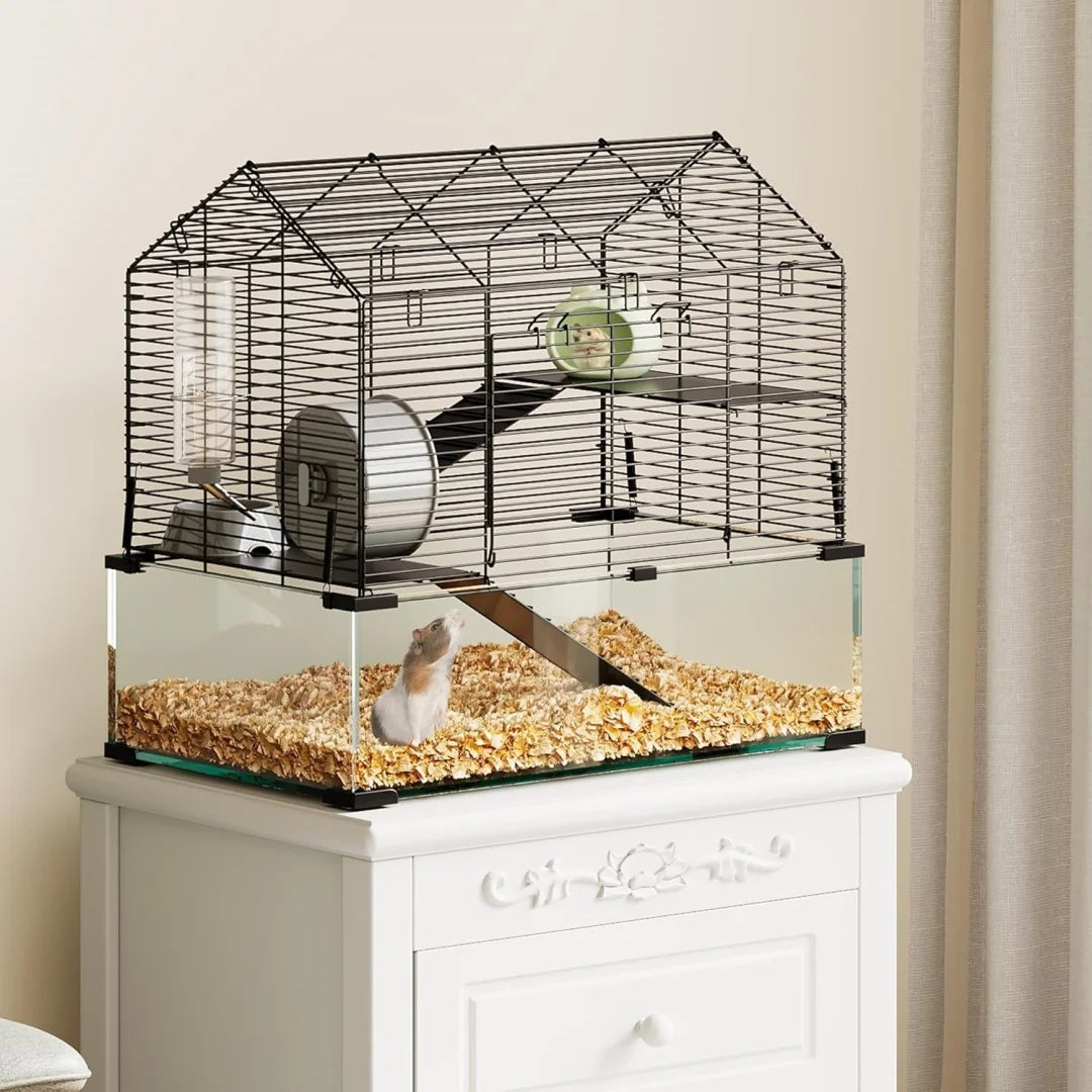 3 Tiers Large Hamster Enclosure, Metal Enclosure + Glass Gerbil Cages, Small Animal Cages for Guinea Pigs Chinchilla Rodent