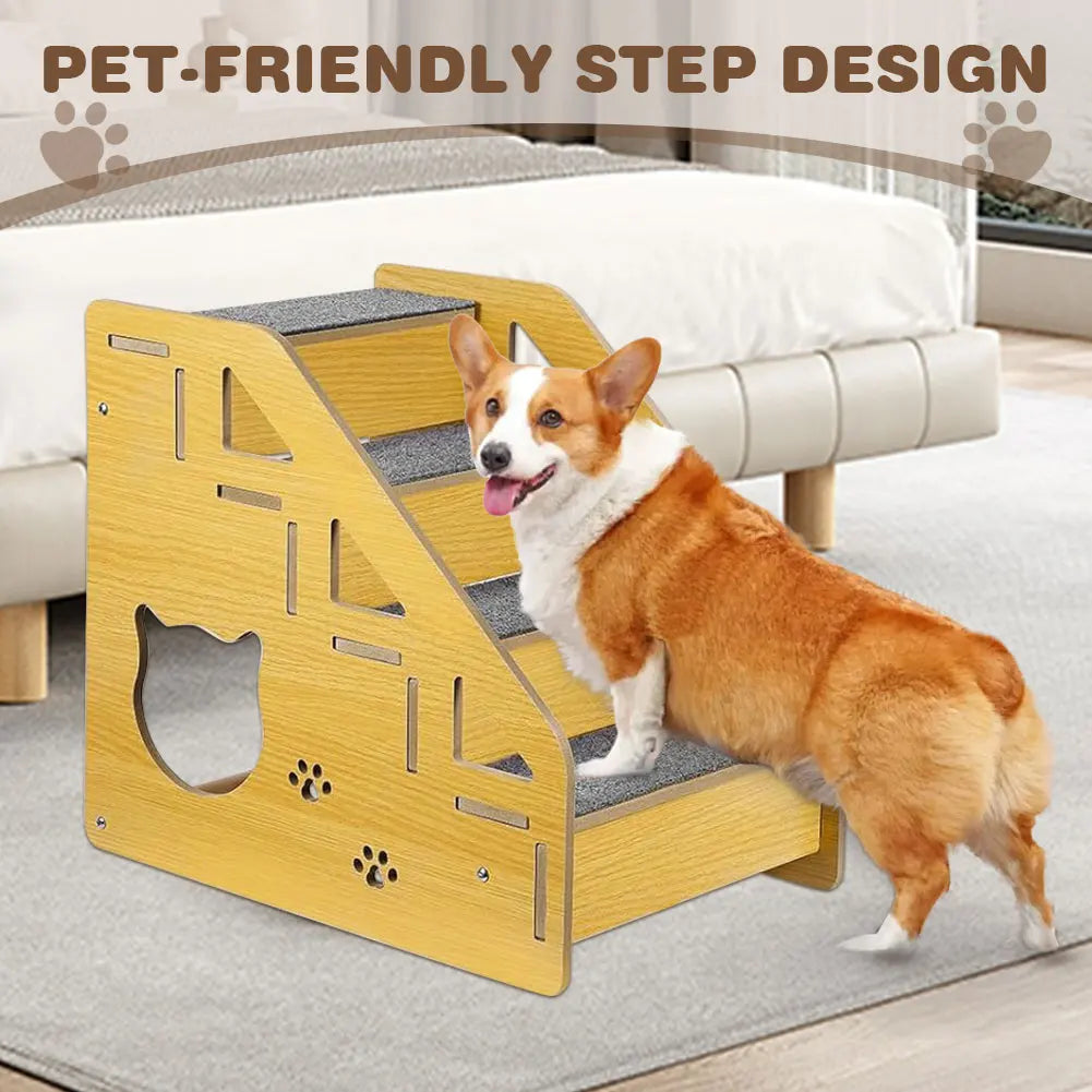 4-Step Wooden Pet Stairs Nonslip Carpeted Cat and Dog Steps Indoor Pet Steps Wooden Pet Ladder for Dogs and Cats