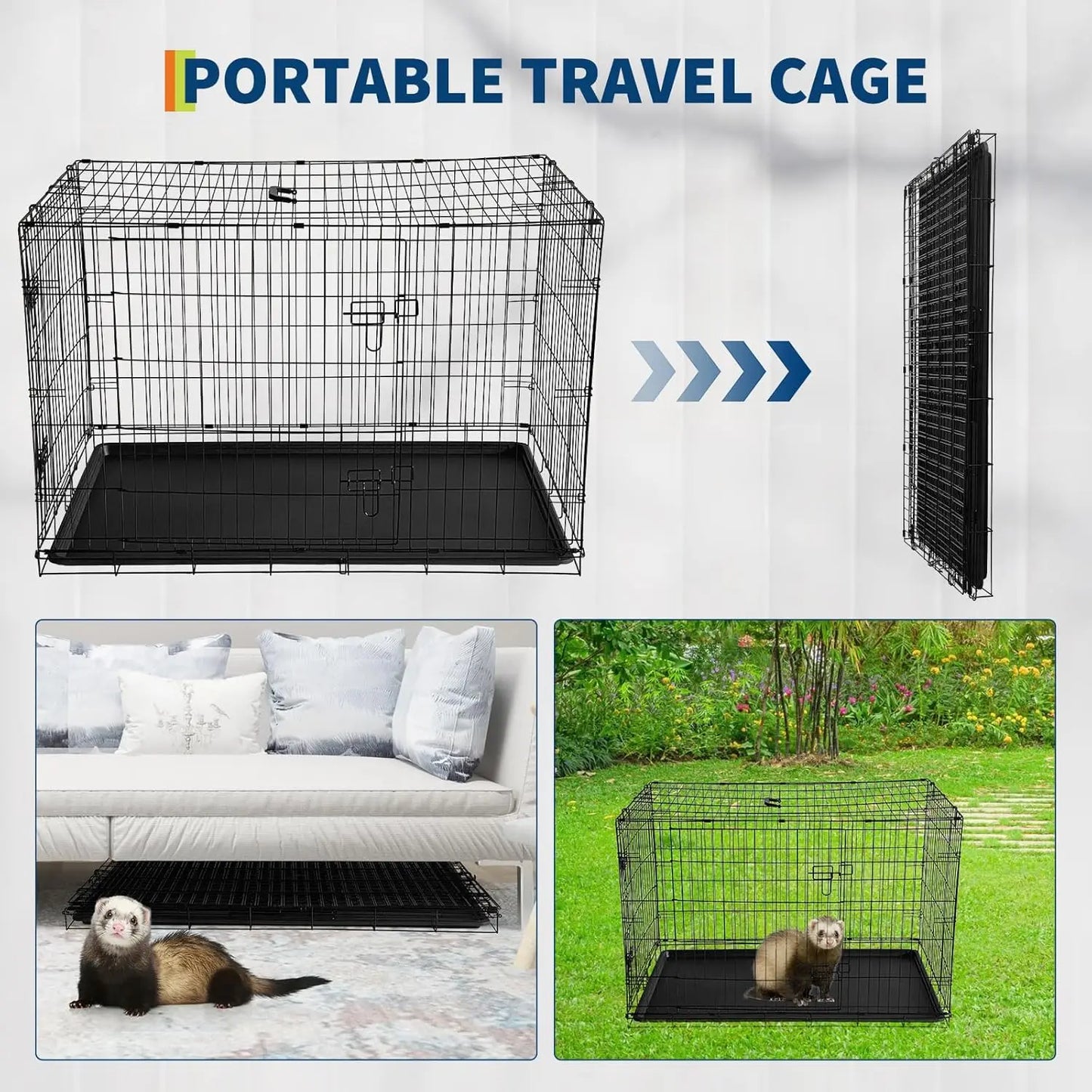 24/48 Inch Rabbit Cage Portable Folding Small Crate Rabbit Carriers with Slide Out Tray & 2 Door for Bunny Ferret Chinchilla Rat