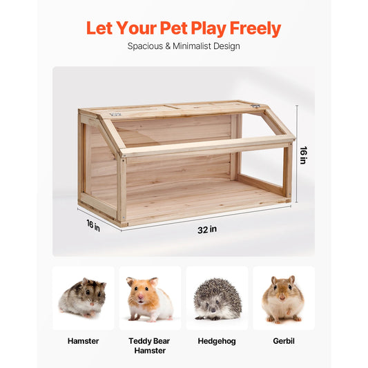SucceBuy Wooden Hamster Cage 270° Viewing Hamster Habitat Hamster Cage with Openable Top Ventilated Animal Cage for Gerbils Mice
