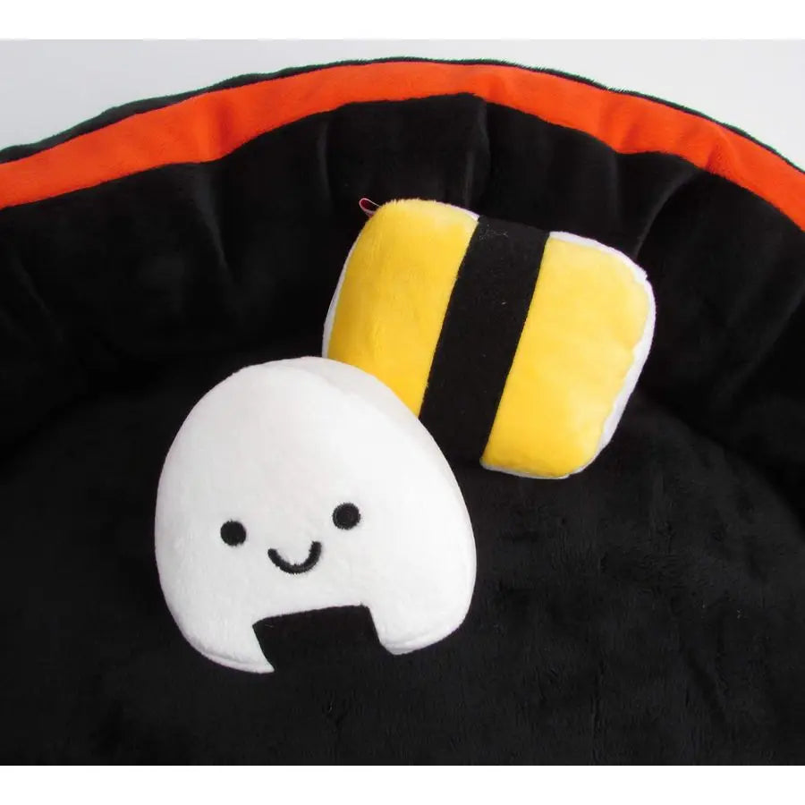 Soft Plush Small Cute and Cozy Sushi Dog Cat Bed with Two Sushi Crinkle Toys, Washer and Dryer Friendly, Black