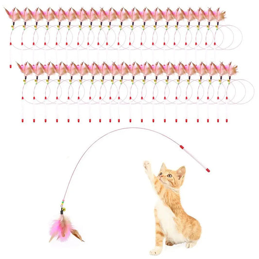 Pack Cat Feather Toy Wand, Interactive Pet Kitten Chaser Teaser Wire Wand with Bell Beads for Cat Exercise Play Fun Gifts Whole