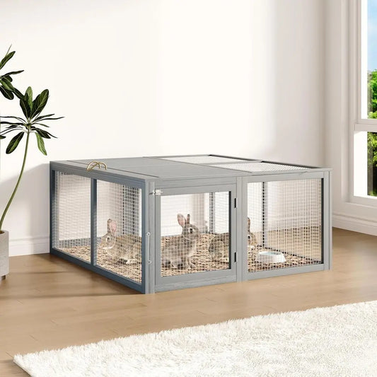 Chicken Coop Run Rabbit Hutch, Portable Wooden Cage for Small Animals, Poultry Pet Cage, Outdoor, Indoor, No Assembly, Grey
