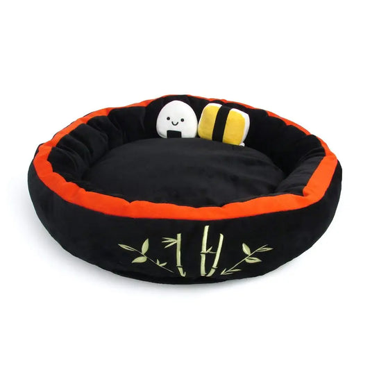 Soft Plush Small Cute and Cozy Sushi Dog Cat Bed with Two Sushi Crinkle Toys, Washer and Dryer Friendly, Black