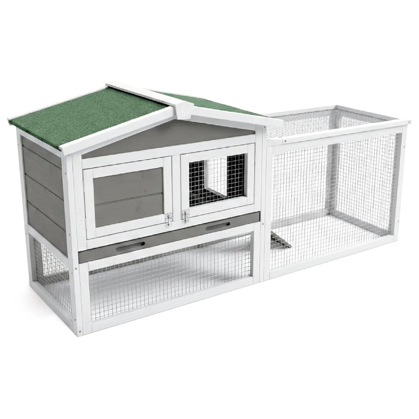 60" L Large Rabbit Hutch Outdoor 2-Tier Wooden Bunny Cage with Non-Slip Ramp, Large Playpen Pull-Out Tray for Rabbits Chickens