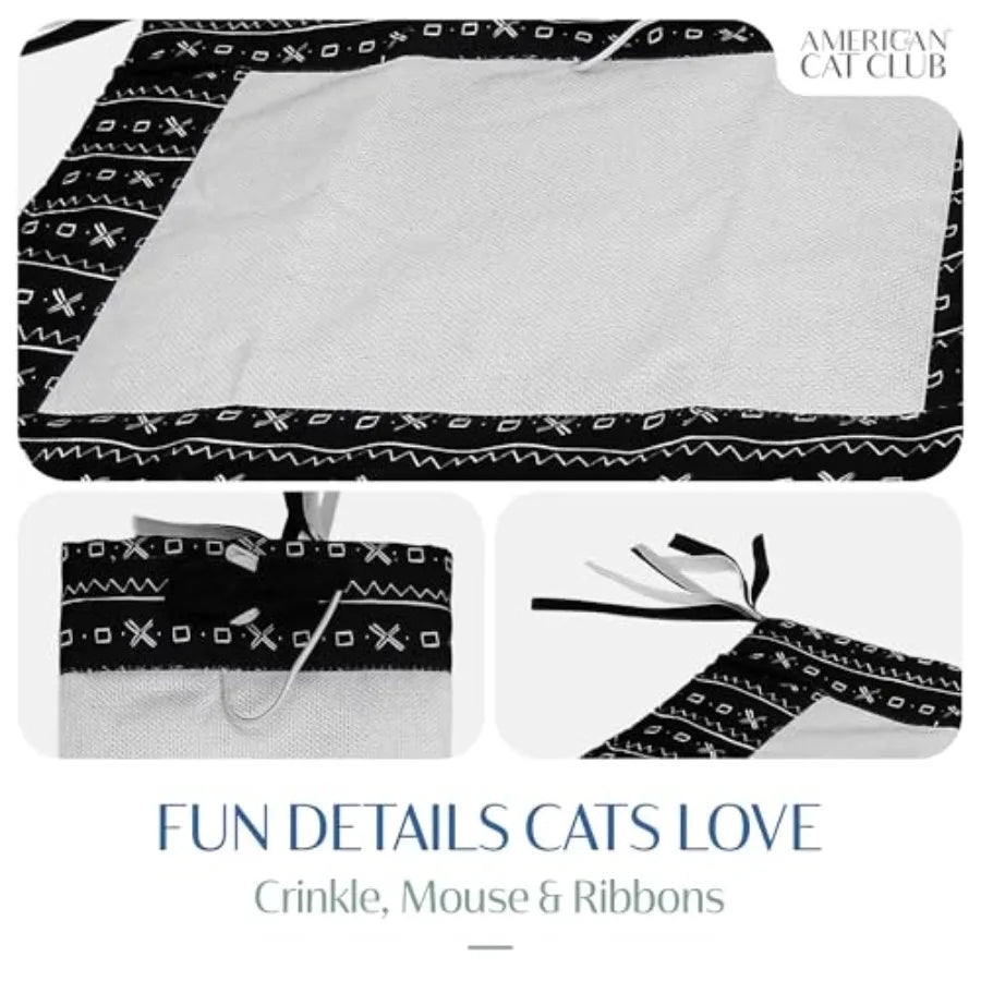 Reversible Crinkle Cat Mat with Mouse Toy Black Mudcloth Pattern Interactive Crinkle Play Mat for Cats 18 x 13 Ideal for Indoor