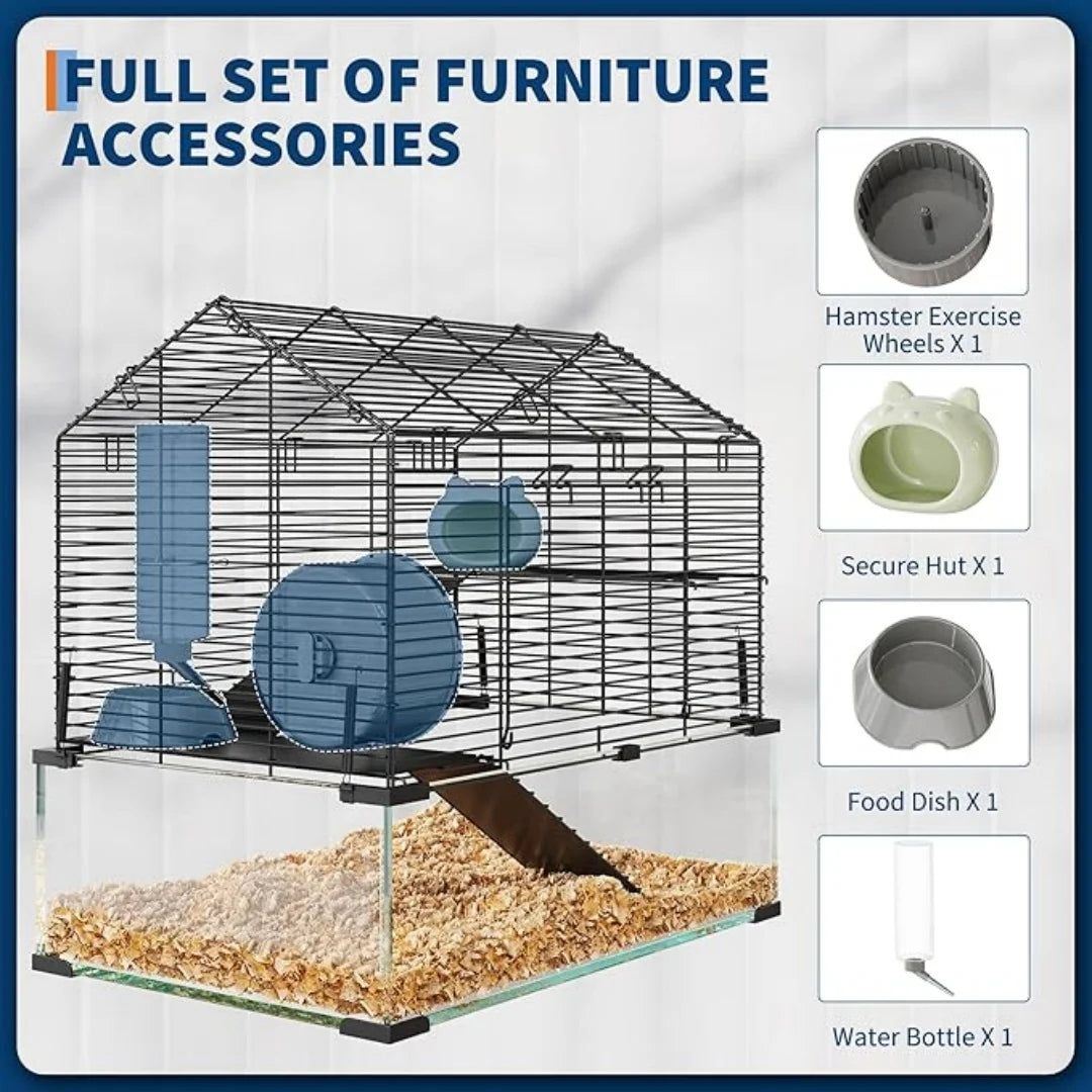 3 Tiers Large Hamster Enclosure, Metal Enclosure + Glass Gerbil Cages, Small Animal Cages for Guinea Pigs Chinchilla Rodent