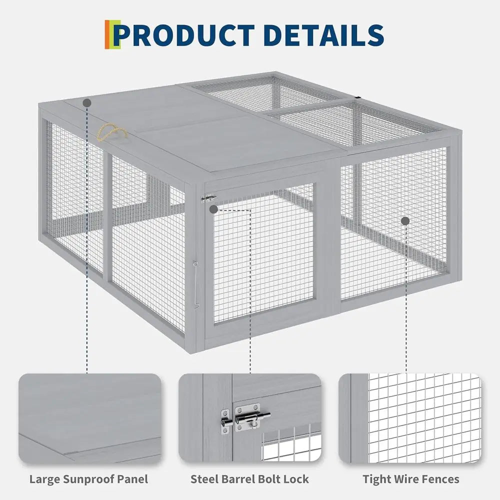 Chicken Coop Run Rabbit Hutch, Portable Wooden Cage for Small Animals, Poultry Pet Cage, Outdoor, Indoor, No Assembly, Grey