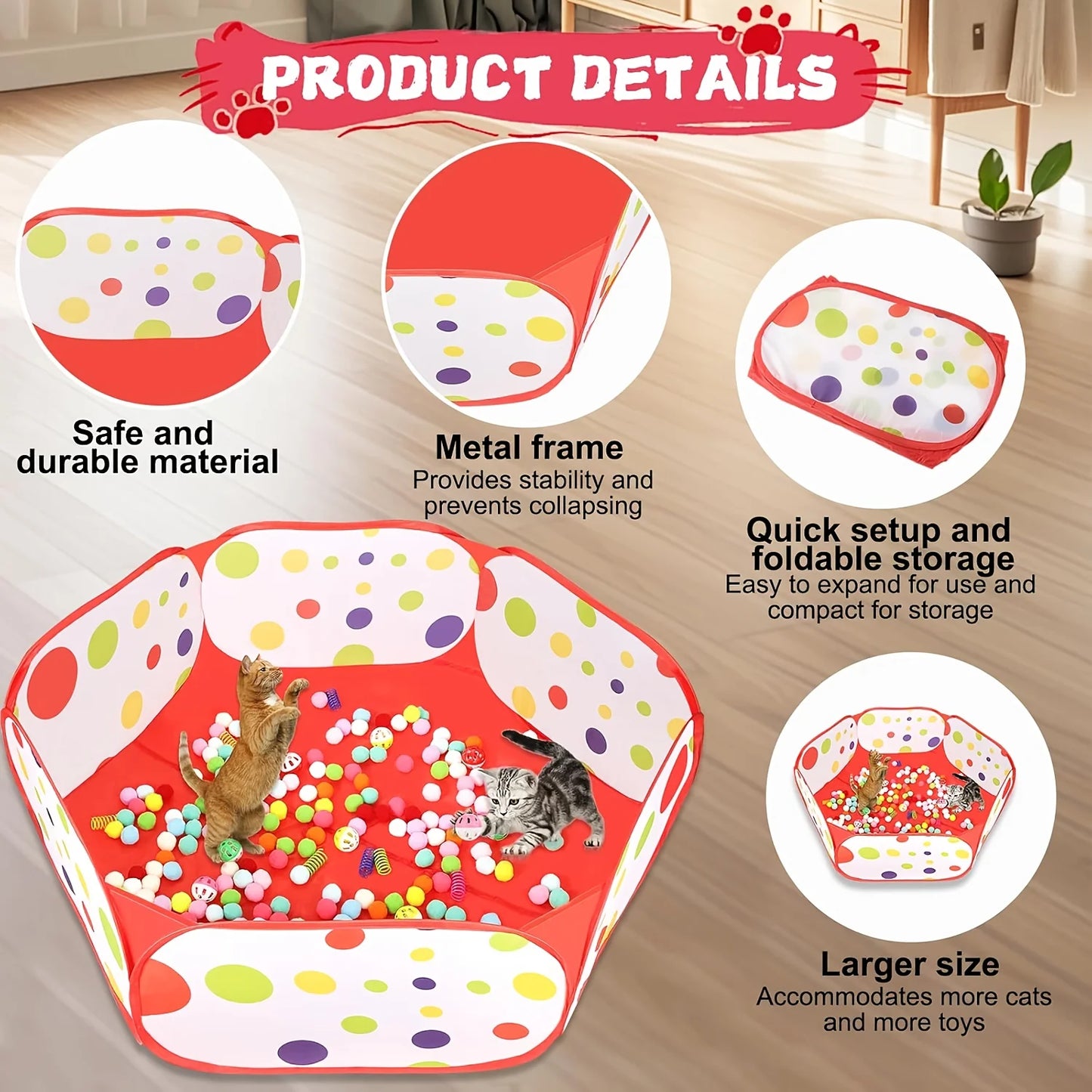 Cat Ball Pit Toy Set with 100 Fuzzy Balls, 10 Colorful Balls & 12 Spring Toys, Interactive Indoor Cat Play Set for Kitten