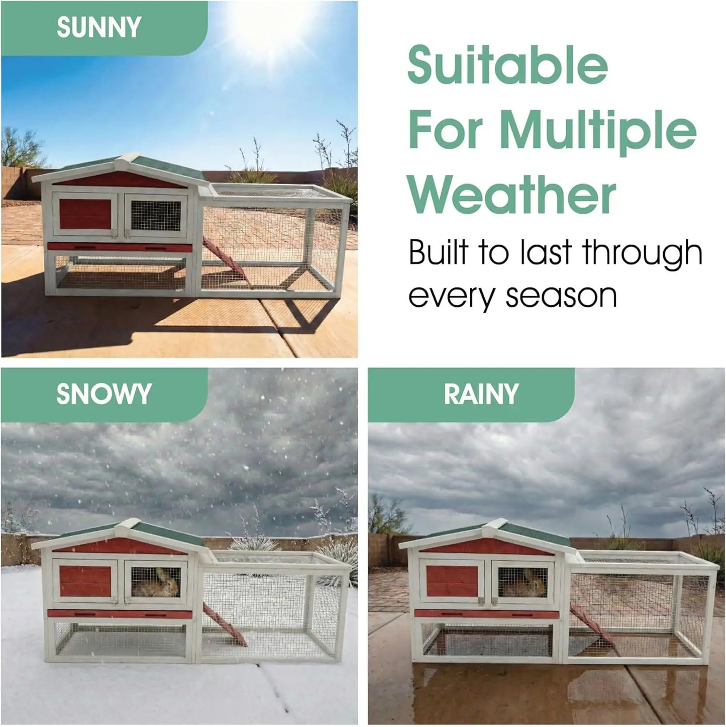 60" L Large Rabbit Hutch Outdoor 2-Tier Wooden Bunny Cage with Non-Slip Ramp, Large Playpen Pull-Out Tray for Rabbits Chickens