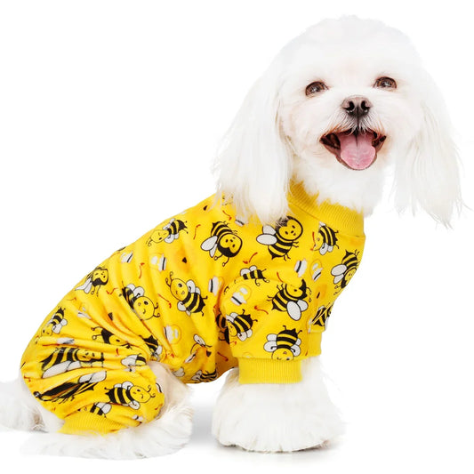 Funny Bee Print Dog Onesie with Feet - Cozy Stretchy Winter Pajamas for Small Dogs (Chihuahua, Yorkie)