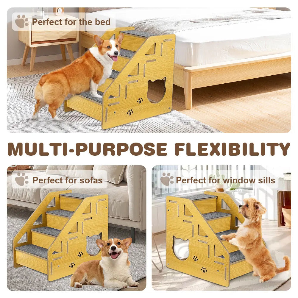 4-Step Wooden Pet Stairs Nonslip Carpeted Cat and Dog Steps Indoor Pet Steps Wooden Pet Ladder for Dogs and Cats
