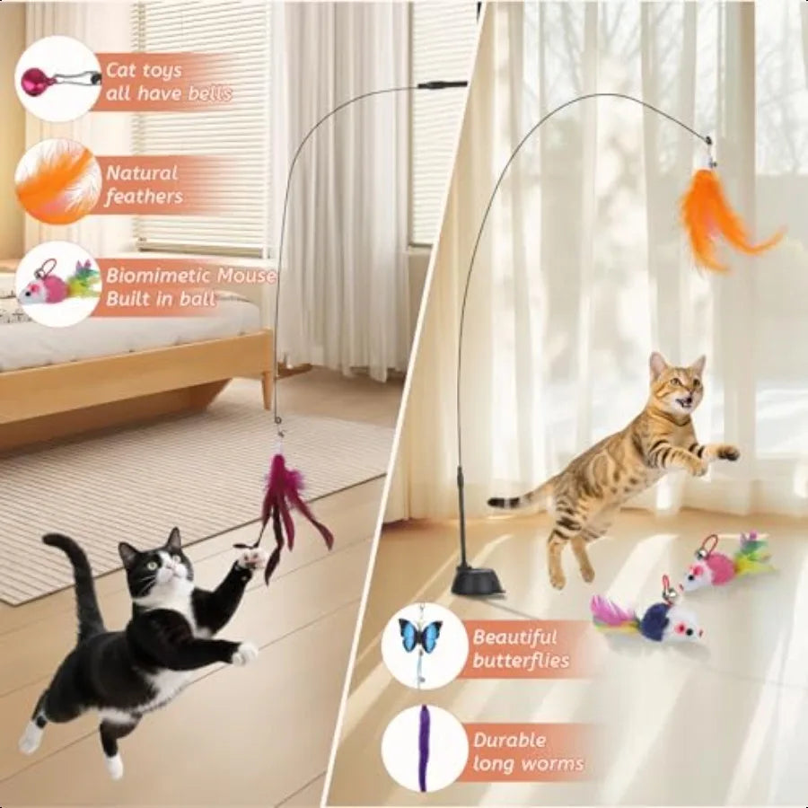 Suction Cup Cat ToysInteractive Cat Wand with 15Pcs Feather Mouse Butterfly Worm Durable Cats Fishing Pole Toy for Indoor Kitte