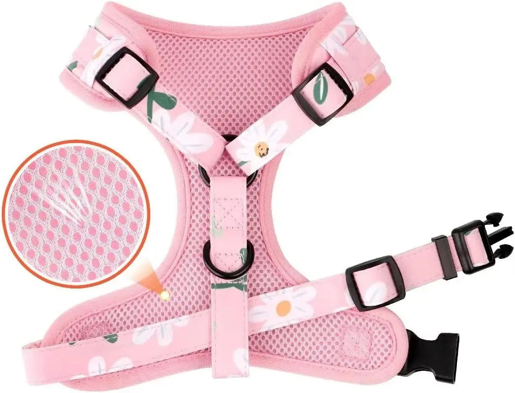 Cute Dog Collar, Harness & Leash Set with Flower - Adjustable Soft Mesh Vest for Puppies Small Medium Dogs (Pink)