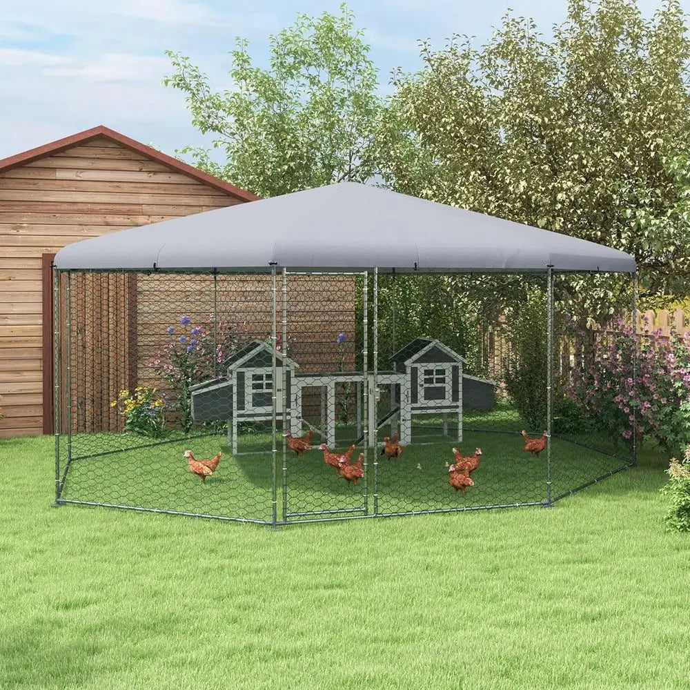 Waterproof UV-Resistant Metal Chicken Coop with Polygonal Run, 17.1' x 15.7' x 9' for Outdoor Farm Use