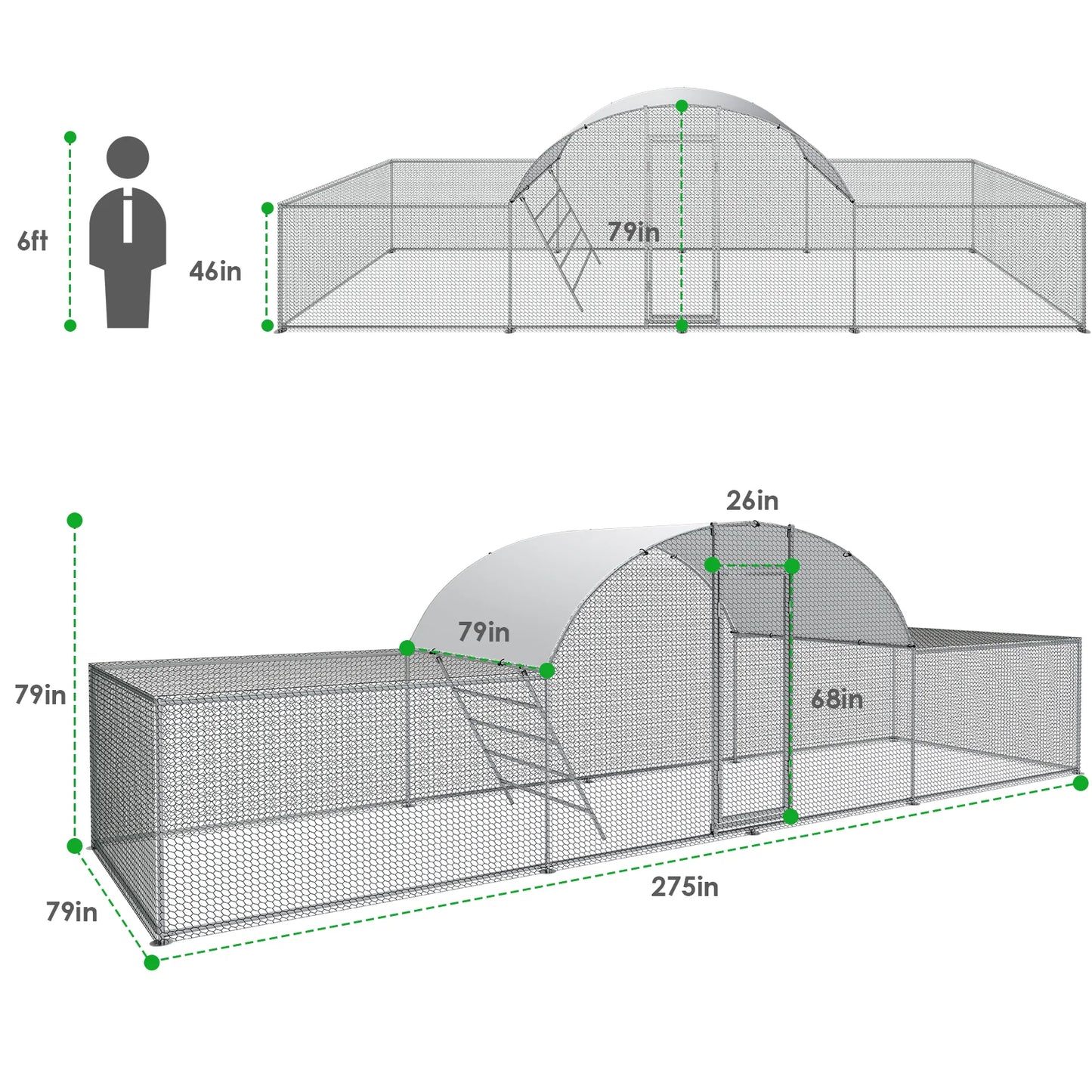 23ft Metal Chicken Coop 3-Room Dome-Roof Poultry Pen Large Hen Run Enclosure Walk-in Galvanized Duck Rabbit Cage House