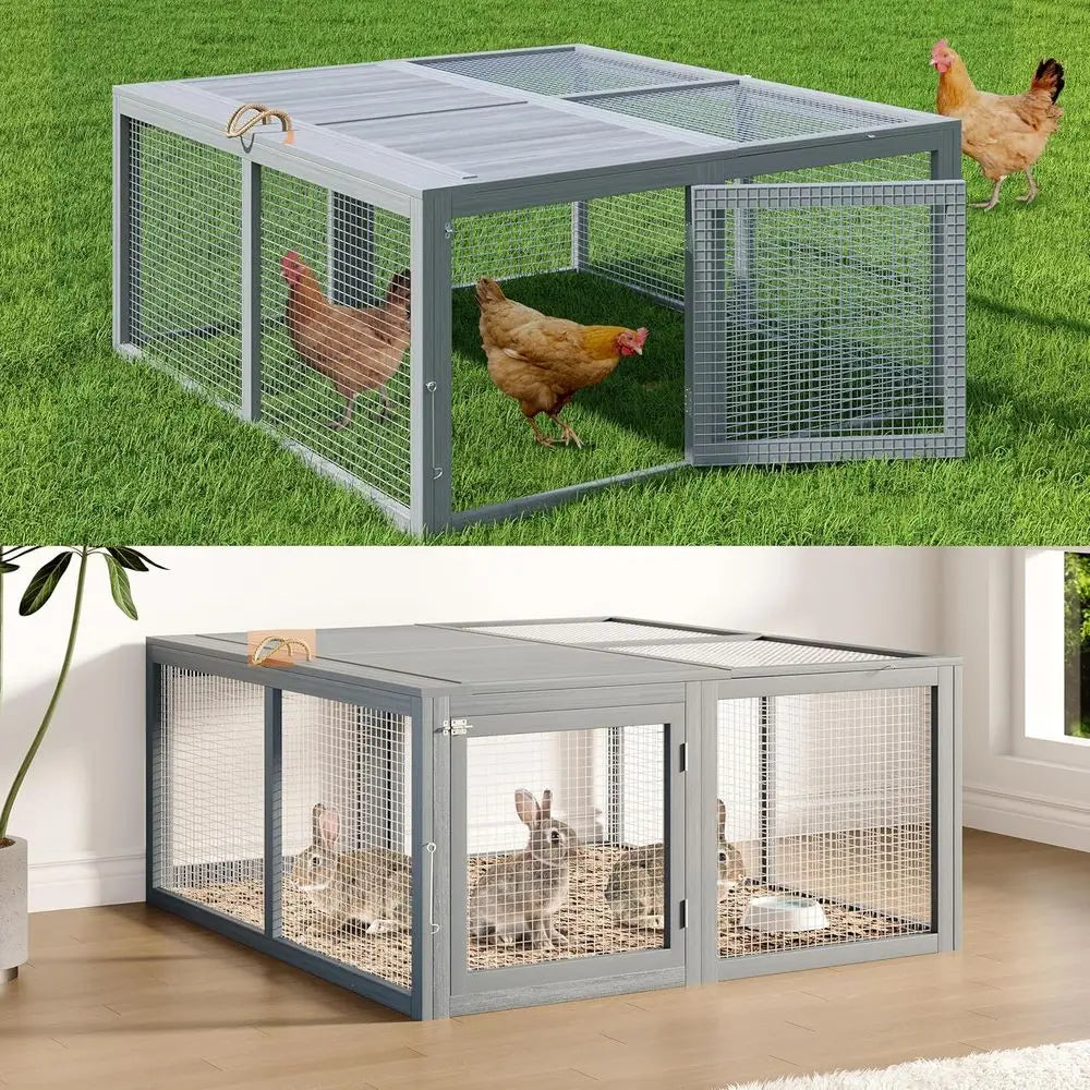 Chicken Coop Run Rabbit Hutch, Portable Wooden Cage for Small Animals, Poultry Pet Cage, Outdoor, Indoor, No Assembly, Grey