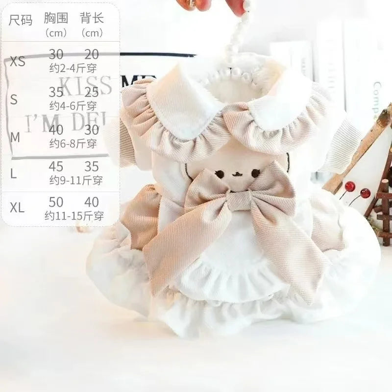 Fleece Lined Thickened Lace Princess Dress For Cats Winter Clothes With Bow Knot Design Cotton Jacket Warm Cat Clothing