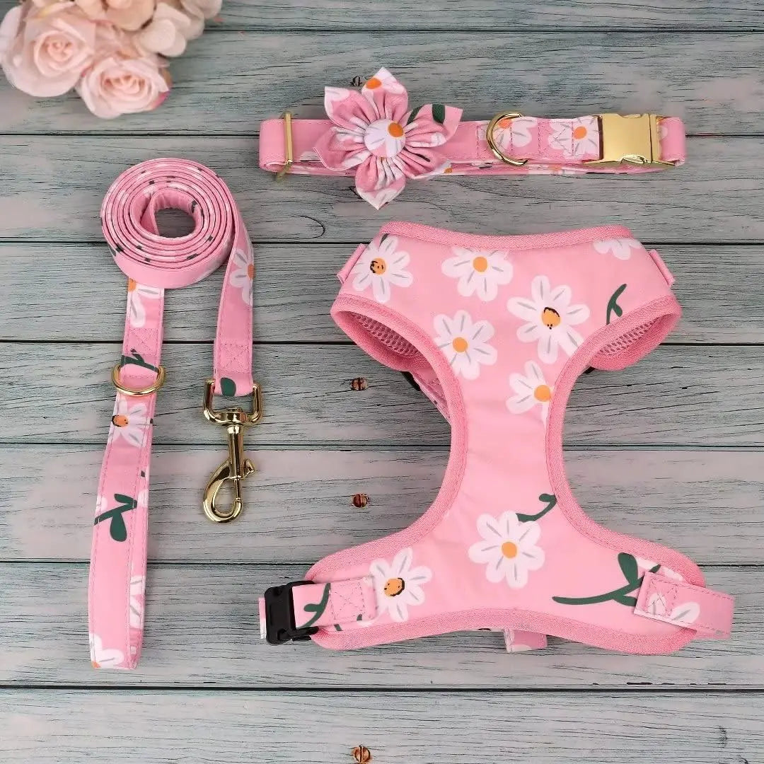 Cute Dog Collar, Harness & Leash Set with Flower - Adjustable Soft Mesh Vest for Puppies Small Medium Dogs (Pink)