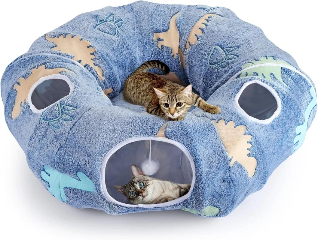 Cat Tunnels Interactive Play System - Foldable & Washable with Peekaboo Cave & Plush Bed, 4 Entry Adventure Zone for Cats & Pets