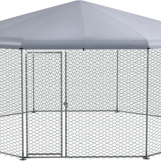 Waterproof UV-Resistant Metal Chicken Coop with Polygonal Run, 17.1' x 15.7' x 9' for Outdoor Farm Use