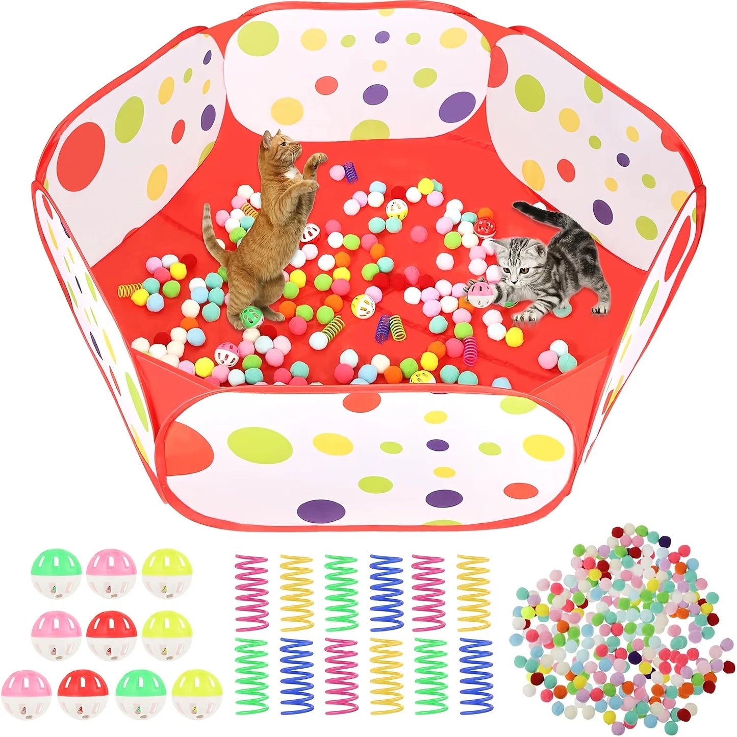 Cat Ball Pit Toy Set with 100 Fuzzy Balls, 10 Colorful Balls & 12 Spring Toys, Interactive Indoor Cat Play Set for Kitten