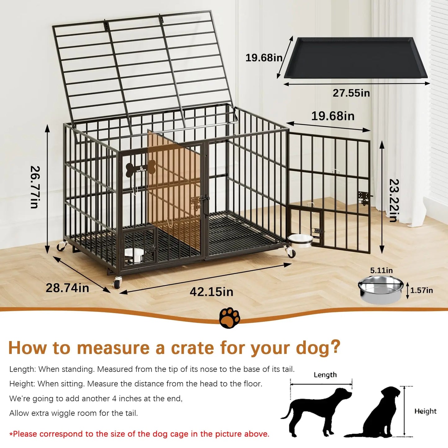 Heavy Duty Dog Crate for Large, Medium & Small Dogs, Indestructible Escape-Proof Dog Cage & Slide-Out Tray, Sturdy Metal Dog Ken