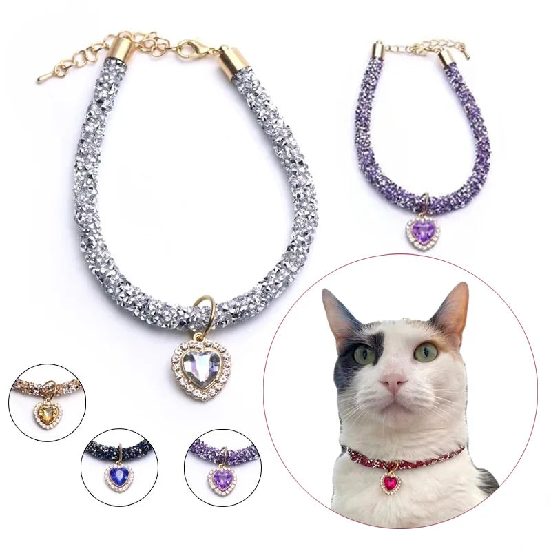 Luxury Reflective Cat Collar | Heart Crystal Rhinestone Pendant Necklace for Cats & Small Dogs (Chihuahua) - Pet Accessories