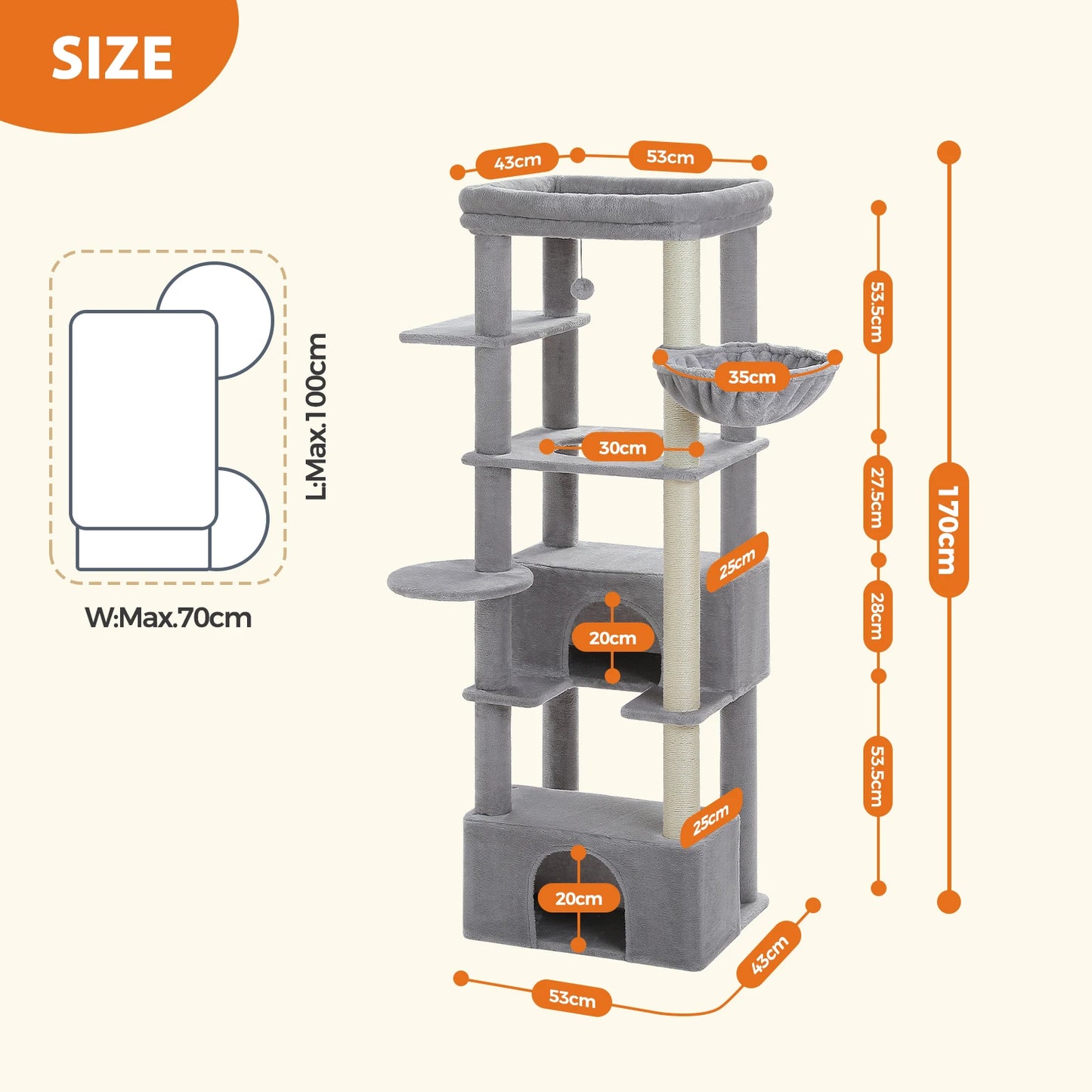 Large Cat Tree with Scratching Posts Cozy Hammock Spacious Top Perch Tall Cat Tower for Indoor Big Cats Large Cat Condo Cat Toys