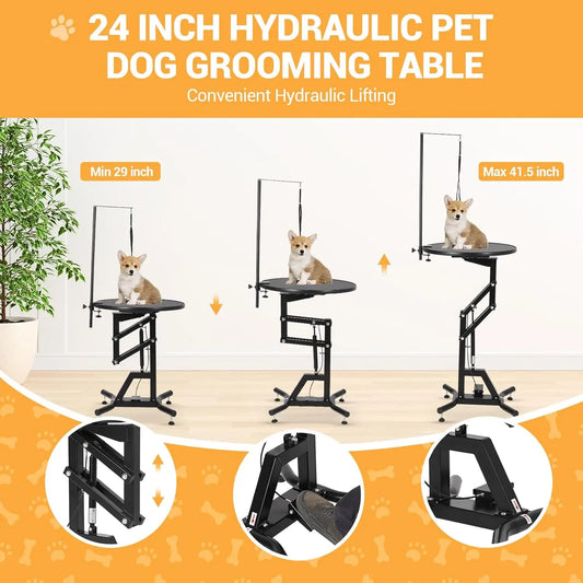 24in Hydraulic Lift Dog Grooming Table 360° Rotating Non-Slip Pet Station For Small Dogs Adjustable Arm Home Grooming Table