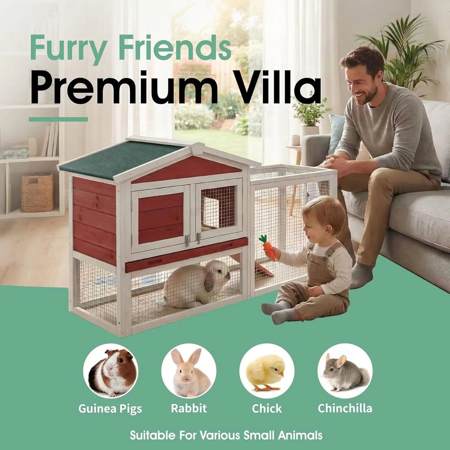 60" L Large Rabbit Hutch Outdoor 2-Tier Wooden Bunny Cage with Non-Slip Ramp, Large Playpen Pull-Out Tray for Rabbits Chickens