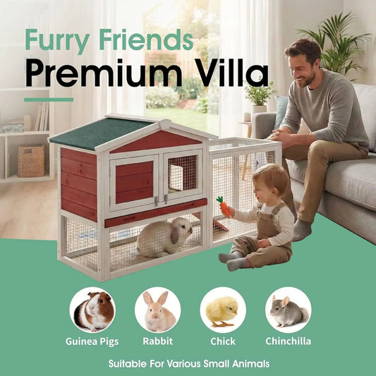 60" L Large Rabbit Hutch Outdoor 2-Tier Wooden Bunny Cage with Non-Slip Ramp, Large Playpen Pull-Out Tray for Rabbits Chickens