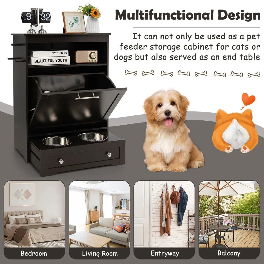 Pet Feeding Station Furniture w/ Double Pull Out Dog Bowl Food Cabinet Coffee
