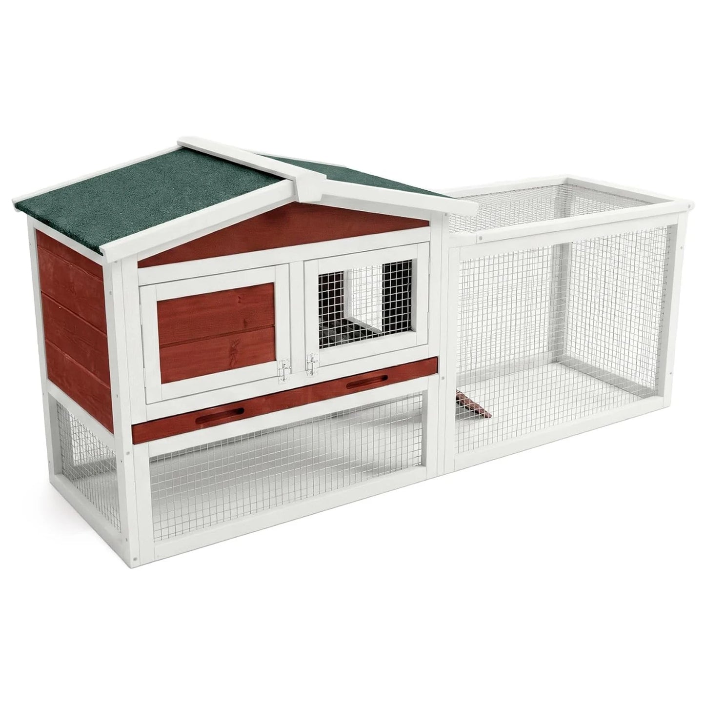 60" L Large Rabbit Hutch Outdoor 2-Tier Wooden Bunny Cage with Non-Slip Ramp, Large Playpen Pull-Out Tray for Rabbits Chickens