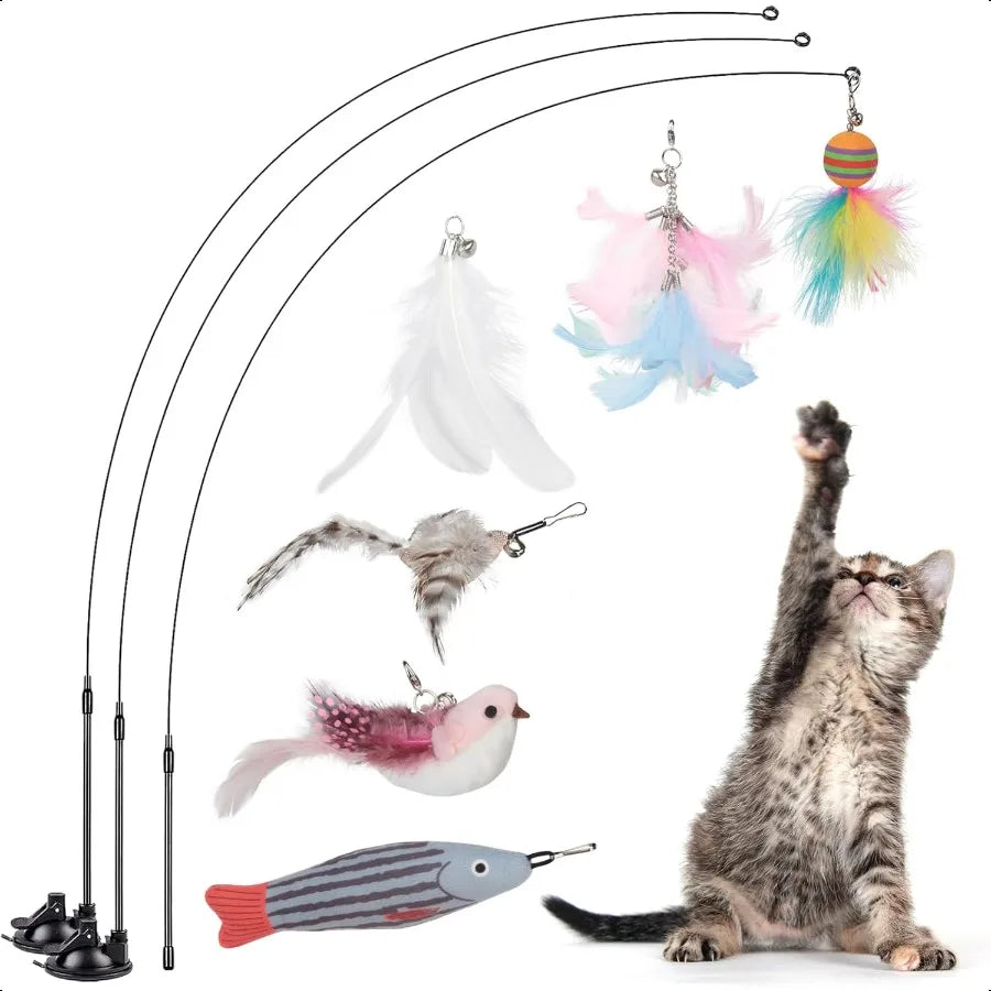 Cat Feather Toys Interactive Cat Toy for Indoor Cats Cat Wand Toys with 2 Suction Cup and 3 Wands 3 in 1 Cat Toys for Bored Cat