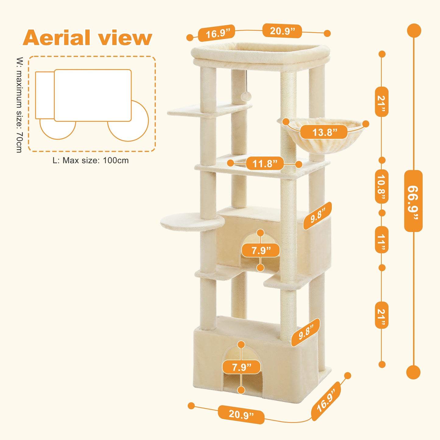 Large Cat Tree with Scratching Posts Cozy Hammock Spacious Top Perch Tall Cat Tower for Indoor Big Cats Large Cat Condo Cat Toys