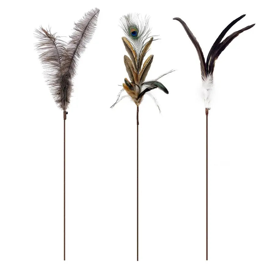 Cat Wand Toys Natural Huge Feather Stick Toys,3 Pcs Extra Long Teaser Sticks with Different Feathers Ostrich, Peacock, Chicken,