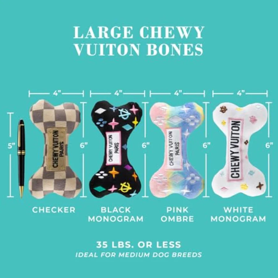 Medium Chewy Vuiton Bones Plush Dog Toys for Small Medium and Large Dogs 4-Pack Durable Stuffed Designer-Inspired Pet Toys with