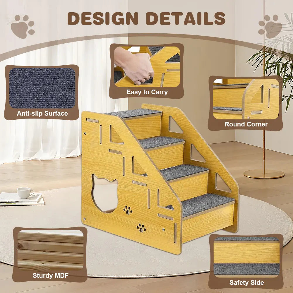 4-Step Wooden Pet Stairs Nonslip Carpeted Cat and Dog Steps Indoor Pet Steps Wooden Pet Ladder for Dogs and Cats