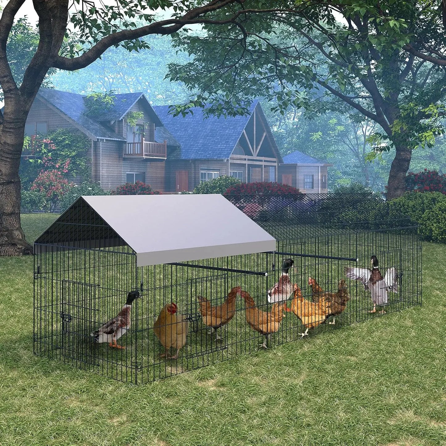 Large Metal Chicken Coop Run Heavy Duty Walk in Poultry Cage with Waterproof Cover Backyard Farm Enclosure for Ducks Rabbits