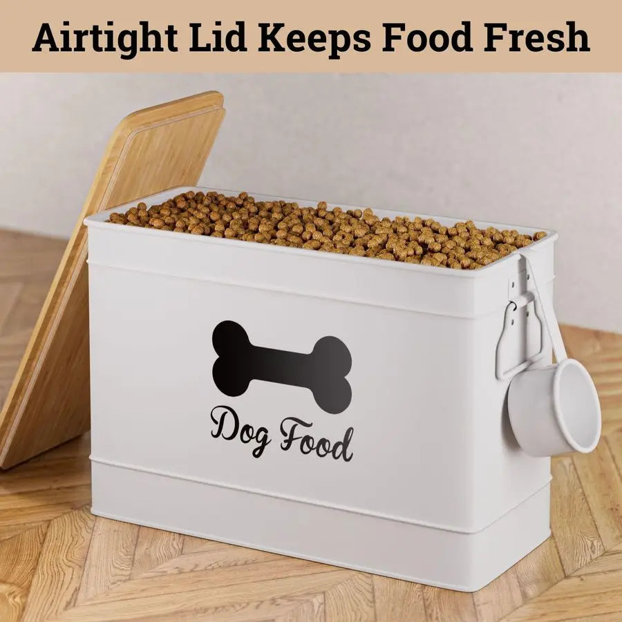 Food Container Airtight 15 lb 50 Cup Capacity with Metal Scoop Cute Airtight Dog Food Storage Container with Bamboo Lid White Me