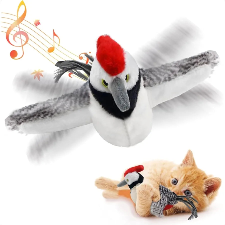 Cat Toys Flapping Wings Woodpecker No Flying Chirping Bird Interactive Catnip Toy for Kitten or Small Dogs Touch Activated Rech