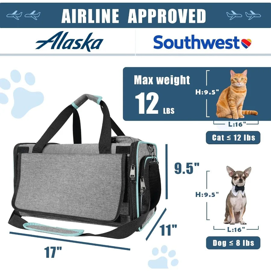 SoftSided Small Pet Air Travel Carry Bag for Cats and Tiny Dogs Up to 12lbs TSA Approved Cat Carrier for Alaska Airlines and So
