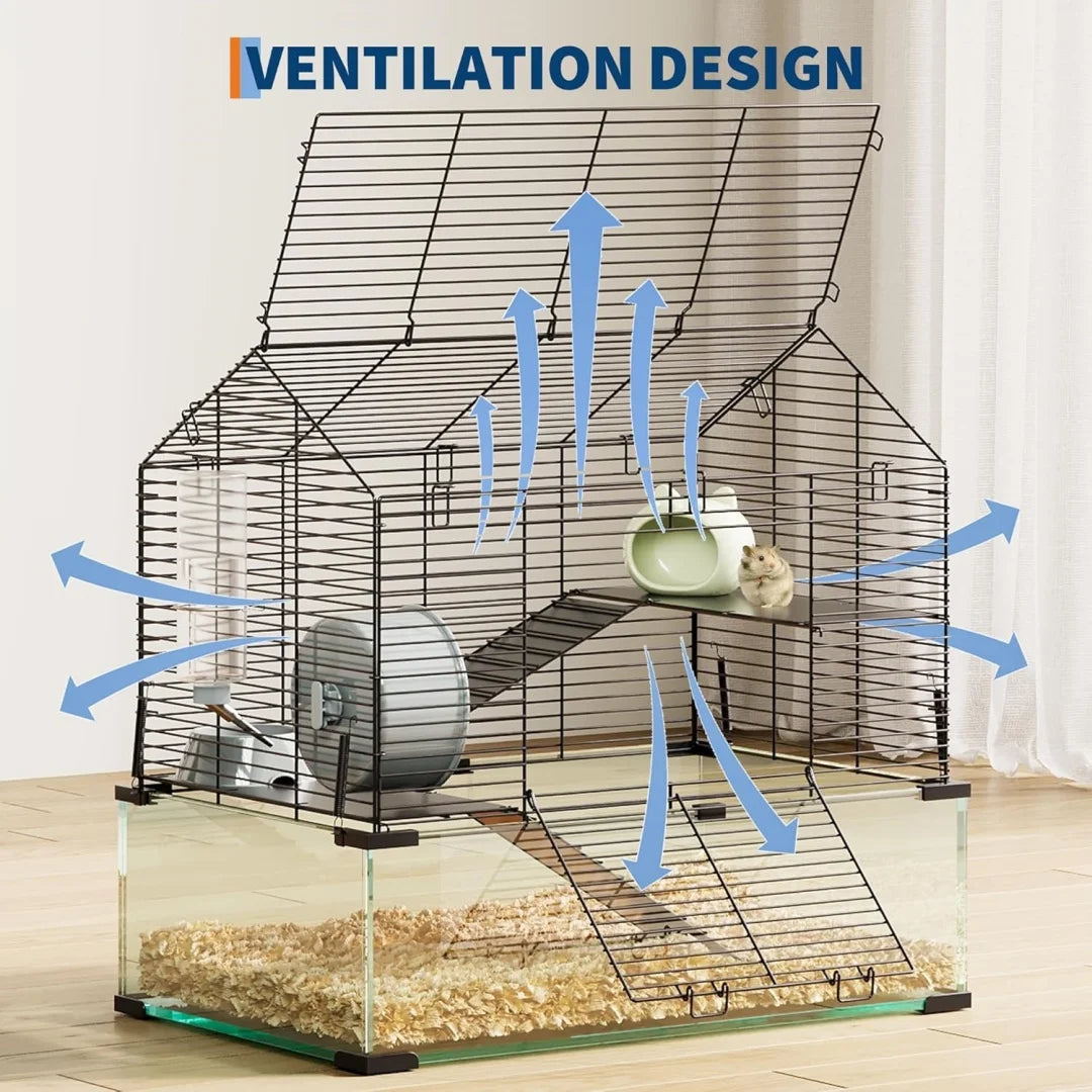3 Tiers Large Hamster Enclosure, Metal Enclosure + Glass Gerbil Cages, Small Animal Cages for Guinea Pigs Chinchilla Rodent