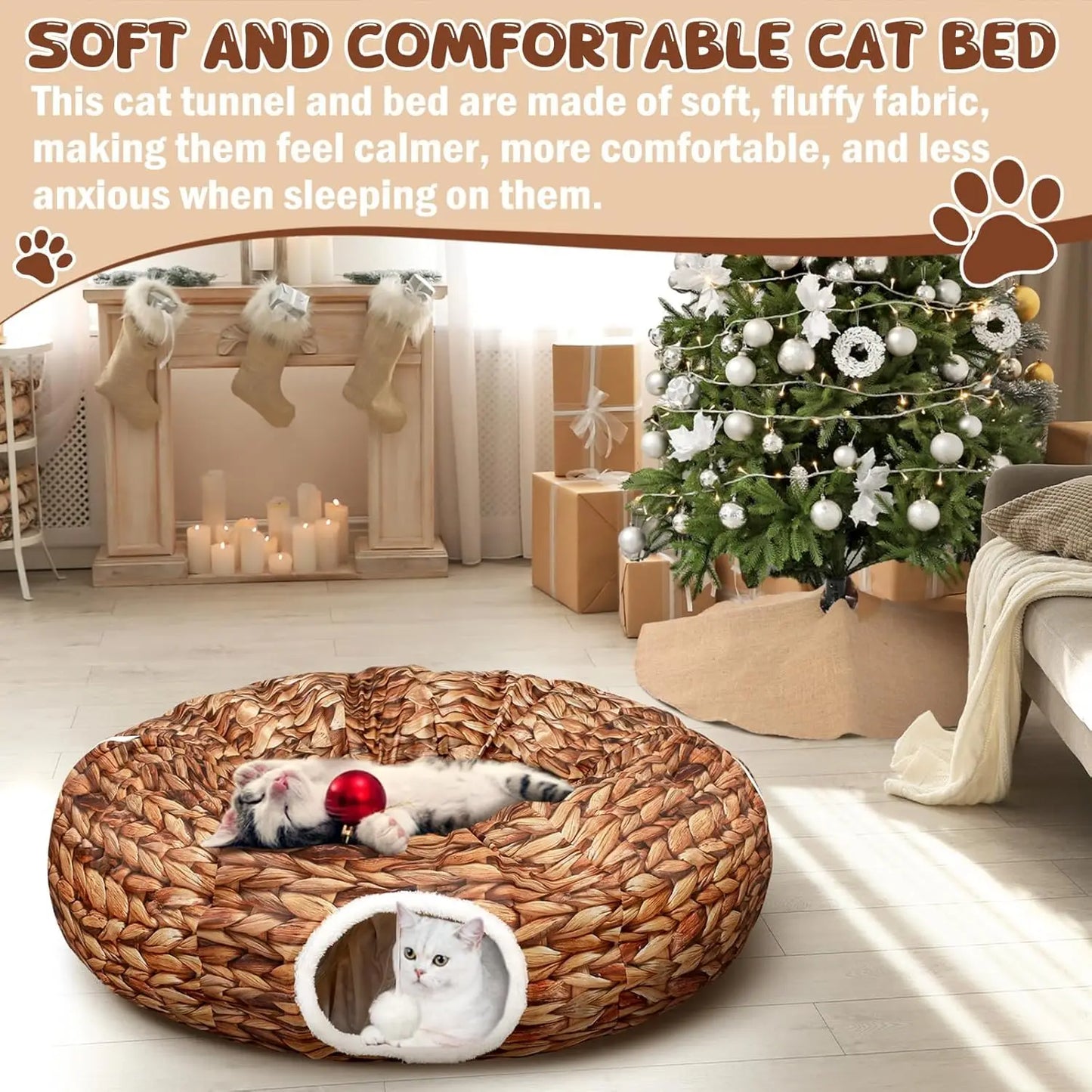 Christmas Cat Tunnel Bed 3FT x 3FT Indoor Donut Tunnel Peekaboo Cave Toy for Kitty Rabbit Ferret